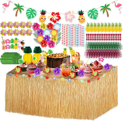 Hawaiiaanse tafelrok, 200 stuks, palmbladeren, papieren rietjes, hibiscusbloemen, taarttoppers, flamingo's, banner voor Luau Hawaiiaanse feesttafeldecoraties