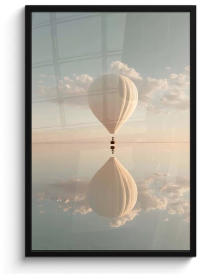 Poster in lijst - Fotolijst 60x90 cm - Posters - Luchtballon - Wolken - Water - Blauw - Posterlijst zwart - Decoratie - Wanddecoratie woonkamer - Muurdecoratie slaapkamer