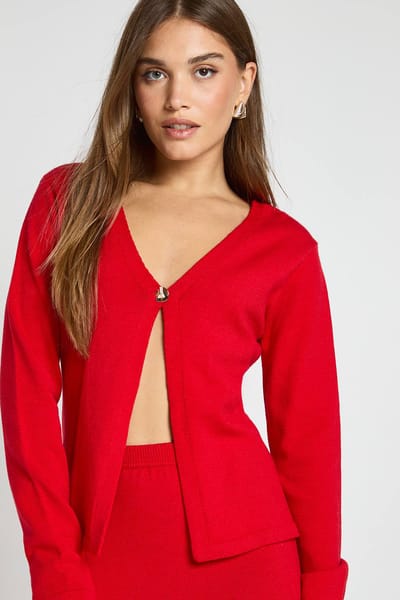 boohoo Dames Gouden knoop gebreide cardigan en midaxi-rok set | Red | Maat: Small