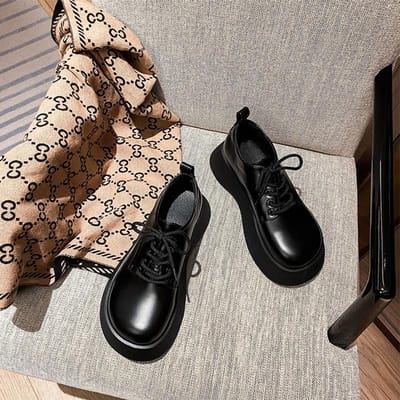 Zwarte Britse Stijl Kleine Leren Schoenen Lente en Herfst Nieuwe Dikke Zool Grote Teen Derby Schoenen College Stijl 40 black
