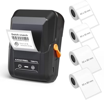SUPVAN T50M Pro Label Printer with 4 White Labels Wide Waterproof Self Adhesive, Smart App with 40+ Fonts, 150+ Templates and 700+ Icons for Home, Office and Business