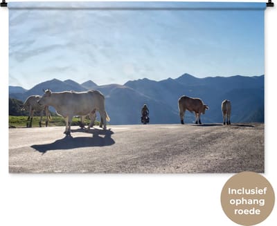 Wandkleed Schotse hooglander - Schotse hooglanders lopen over de weg Wandkleed katoen 120x80 cm - Wandtapijt met foto