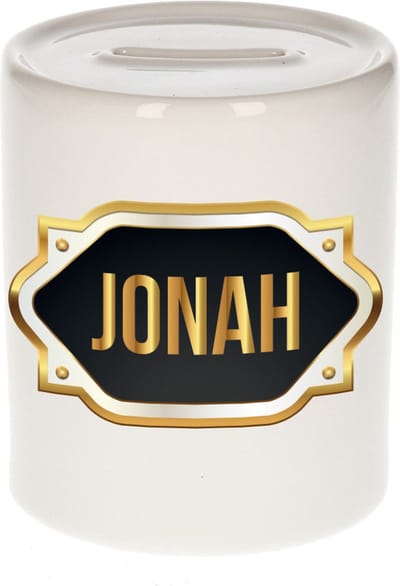 Spaarpot met voornaam Jonah - wit - met goud/zwart embleem - 8 x 9 cm - keramiek - met afsluitdop - cadeau verjaardag