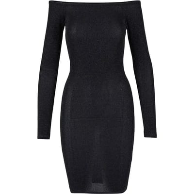 Urban Classics - Off Shoulder Longsleeve Glitter Bodycon jurk - XS - Zwart