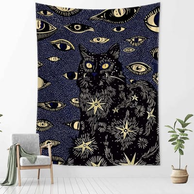 Zwarte enge ogen kat wandtapijt wanddecoratie abstracte psychedelische hekserij bohemian slaapzaal woonkamer woondecoratie 95x70CM gray