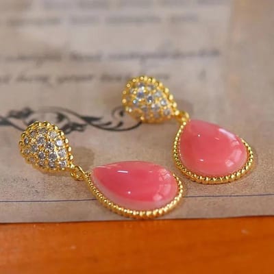 Artisanat Créatif Or Antique Incrusté Diamants Nacre Rose Gouttes d'Eau Boucles d'Oreilles Longues Pour Femmes Bijoux Fins Doux et Frais gray