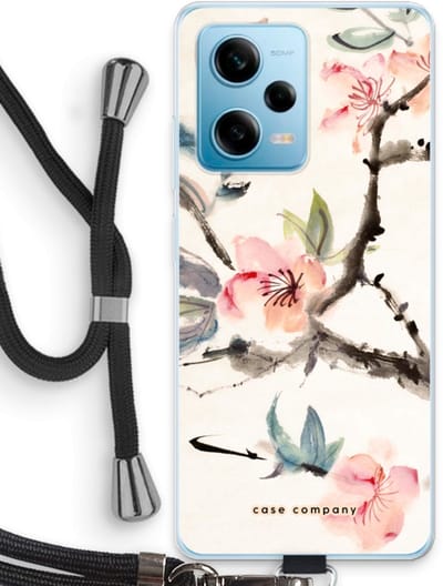 Case Company® - Hoesje met koord geschikt voor Xiaomi Redmi Note 12 Pro 5G hoesje met Koord - Japanse bloemen - Telefoonhoesje met Zwart Koord - Bescherming aan alle Kanten en Over de Schermrand