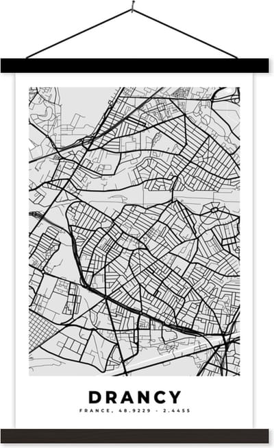 Posterhanger incl. Poster 40x60 cm - Schoolplaat - Plattegrond - Drancy - Stadskaart - Kaart - Frankrijk - Textielposter - Zwarte latten - Stadskaart