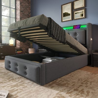 REDOM gestoffeerd bed 90x200 cm – Katoen-linnen grijs – Stopcontact, USB/Type-C, LED, hydraulische opbergruimte – 150 kg