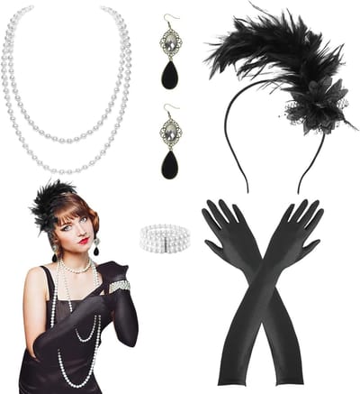 6-delig jaren '20 kostuumset met accessoires, inclusief oorbellen, ketting, veerhoofdband, armband en handschoenen voor Halloween, carnaval en cosplay