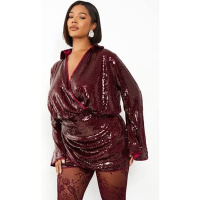 boohoo Dames Plus sequin gedrapeerde shirtjurk met uitlopende mouwen | Burgundy | Maat: 16