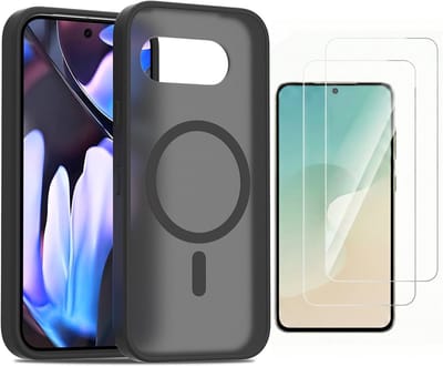 Casemania Hoesje en Glas Geschikt voor Google Pixel 10a - Zwart - Matte Armor Back Cover - Geschikt voor MagSafe + 2x Glazen Screenprotector