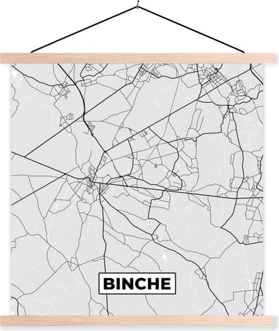 Posterhanger incl. Poster 40x40 cm - Schoolplaat - Zwart Wit – België – Plattegrond – Stadskaart – Kaart – Binche - Textielposter - Blanke latten - Stadskaart