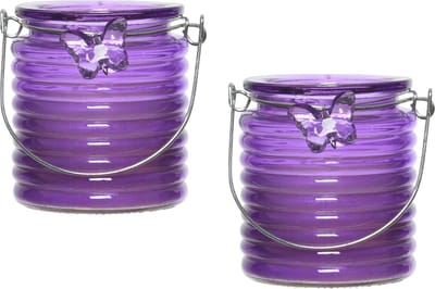 Citronella windlicht met kaars - 2x - paars - 20 branduren - citrusgeur