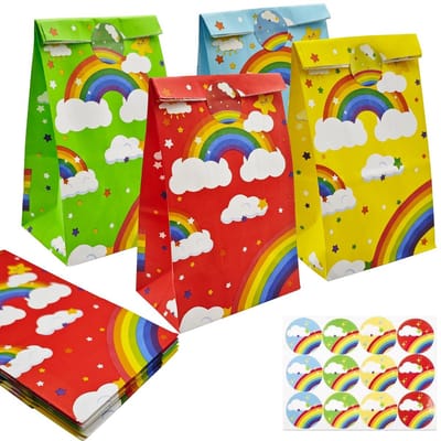 Dailygoods - 12 Stuks Regenboog Snoep Gunstzakken, 13x8x21.5cm Feestzakjes van Kraftpapier, Meerkleurig Platte Bodem Geschenkzakken, Gekleurde Goodie Bags met Stickers voor Meisje Jongen Verjaardag