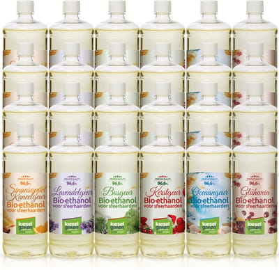KieselGreen 24 Liter Bio-Ethanol Aroma mix (Bos, Gluhwein, Kerst, Lavendel, Sinaasappel/kaneel, Oceaan) - Bioethanol 96.6%, Veilig voor Sfeerhaarden en Tafelhaarden- Premium Kwaliteit Ethanol voor Binnen en Buiten