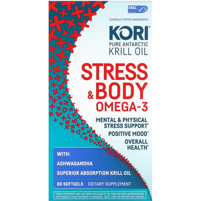 Kori, huile de krill pur de l'Antarctique, oméga-3 pour le stress et le corps, ashwagandha, 80 gélules molles