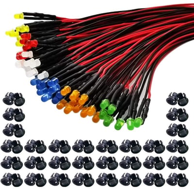 60 Stuks 12V LED Lichten Emissie Diodes, 3mm Voorbedrade LED Diodes Ultra Helder (10 Stuks X 6 Kleuren) Geordende Kit met Verspreide Gekleurde Lens en 60 Stuks 3mm Plastic LED Houder voor Creatieve Verlichting en DIY Projecten