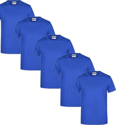 James & Nicholson 5 Pack Royaal Blauwe T-Shirts Heren, 100% Katoen Ronde Hals, Ondershirts Maat M