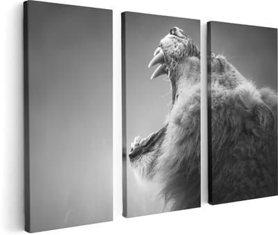 Artaza Canvas Schilderij Drieluik Brullende Leeuw - Zwart Wit  - 120x80 - Foto Op Canvas - Canvas Print