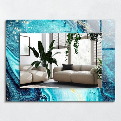Wallfluent Spiegel - Abstracte Blauwe Kunst Vierkante vorm Spiegel - 80x60 cm - Blauw Veiligheidsglas - Stijlvolle spiegel met grafisch motief - Inloopkastspiegel - Badkamerspiegel - Toiletspiegel - Make-up Spiegel - Premium Spiegel - Hangspiegel