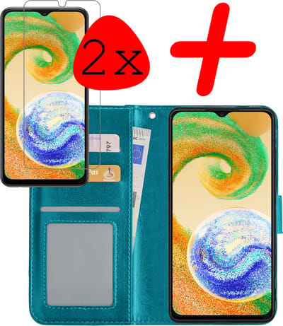 Hoesje Met 2x Screenprotector - Geschikt voor Samsung Galaxy A04s - Luxe Pasjeshouder - Bookcase Portemonee - Flip Case - Kunstleer Book Case - Flipcase Hoes - Book Cover - Walletcase - Portemonneehoes - Turquoise