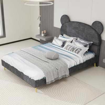 DESMIU Gestoffeerd Kinderbed 140x200cm – Speels Berenoren Hoofdbord – Stevige Slaapbasis – Veilig Voor Kinderkamer – Stof En Metaal – Grijs – Zonder Matras