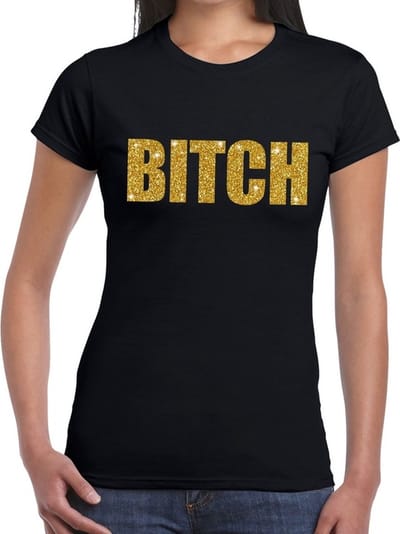 Bellatio Decorations BITCH t-shirt - zwart - gouden glitter tekst - dames - fun shirt - dameskleding XS