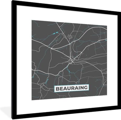 Fotolijst incl. Poster - België – Beauraing – Stadskaart – Kaart – Blauw – Plattegrond - 40x40 cm - Posterlijst