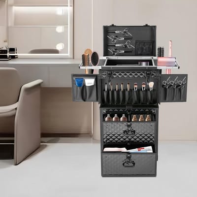 Cosmetica Trolley - Make-up Koffer Barber Case - Gereedschap Opbergen - Met Slot en Lades - 39x25.5x82 cm - Zwart