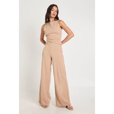 boohoo Dames Jumpsuit Met Wijde Pijpen, Slash-hals En Tailledetail | Camel | Maat: 8