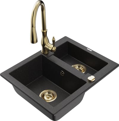 Mexen Carlos granieten gootsteen 1,5-kamer met keukenmengkraan Savita, zwart/zilver metallic - 6518-73-672601-50