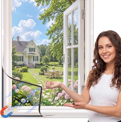 Magnetic Window Screen, 39"x59" DIY Adjustable Window Screen Replacement, Fiberglass Mesh with Strong Magnetic Strip for Mosquito Protection, White Frame with White Mesh