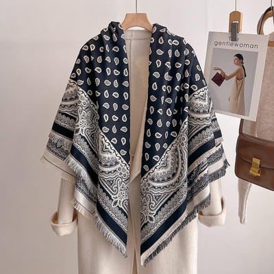 Écharpe d'hiver de luxe en cachemire pour femme - Châle Pashmina imprimé damas à franges, Écharpe enveloppante chaude et Poncho black