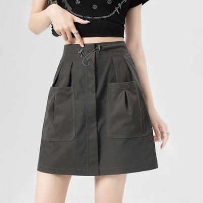 Grijze Amerikaanse Werkrok voor Dames Zomer Nieuw Niche Design met Trekkoord Hoge Taille A-lijn Heuprok M gray