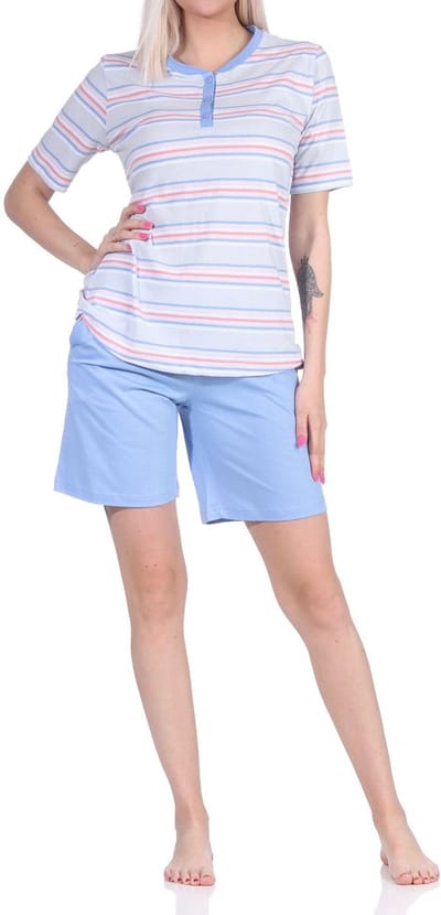Dames shortypyjama met korte mouwen in pastelkleurige strepen - 122 205 90 863