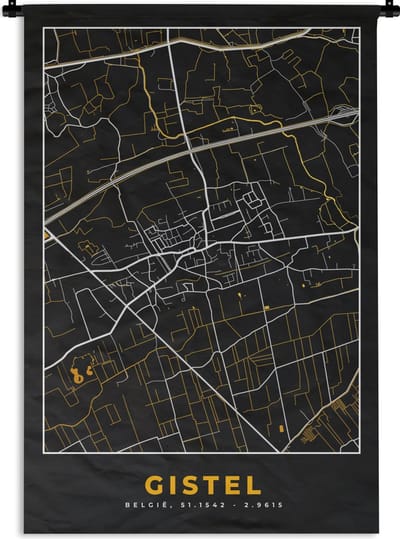 Wandkleed - Wanddoek - Gistel - Plattegrond - Kaart - Goud - Stadskaart - 120x180 cm - Wandtapijt