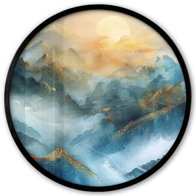 Poster in lijst Rond - Fotolijst 40x40 cm - Posters - Abstract - Landschap - Bergen - Blauw - Modern - Ronde posterlijst zwart - Decoratie - Wanddecoratie woonkamer - Muurdecoratie slaapkamer