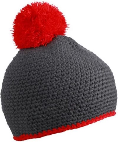 Myrtle Beach - Unisex Contrasterende Gestreepte Muts met Pompom (Grijs/Rood)