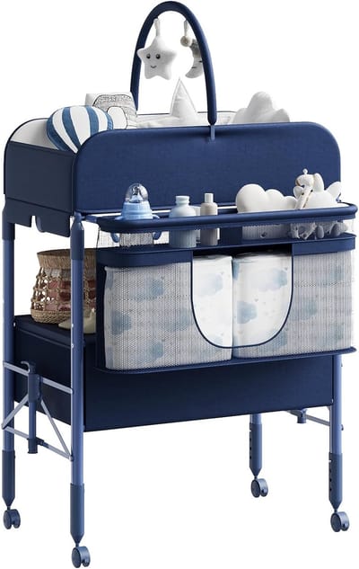 Verzorgingtafel met 2 lades - Inklapbare - verstelbare hoogte, waterdicht aankleedkussen - kledingroede & 4 zwenkwielen - Blauw