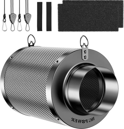 Actieve Koolstoffilter 100 mm x 200 mm - 38 mm Premium Geactiveerde Koolstof voor Geurcontrole in Kweekruimtes, Hydroponics en Ventilatoren, Inclusief 2 Voorfilters en Omkeerbaar Ontwerp