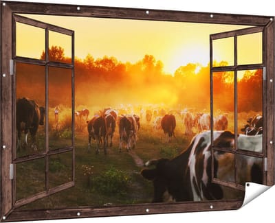 Gards Tuinposter Doorkijk Kudde Koeien in Weiland bij Zonsondergang - 180x120 cm - Tuindoek - Tuindecoratie - Wanddecoratie buiten - Tuinschilderij