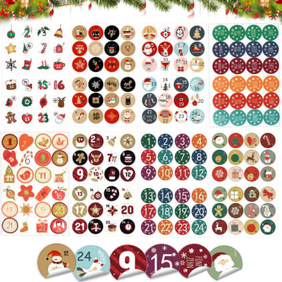 JHUBERS- Adventskalender Stickers 8 x 24 - Cijferstickers 1-24 - Papieren Zakjes - Kerstdecoratie - Zelf Maken - Veelkleurig Design - Kalenderstickers