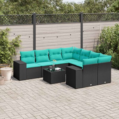 vidaXL - 9-delige - tuinbankset - met - kussens - van - zwart - polyrotan