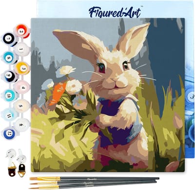 Figured'Art Mini Schilderen op Nummer Volwassenen 20x20cm met lijst Konijn en wilde bloemen - Klein Formaat Creatieve Hobby Kit DIY Art Nummer Compleet