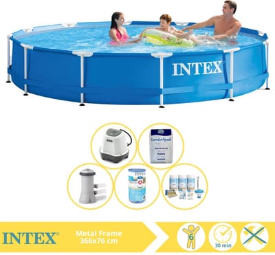 Intex Rond Frame Zwembad - 366 x 76 cm - Blauw - Inclusief Zwembadfilterpomp - Filter - Zoutwatersysteem - Zwembadzout - 5-delig