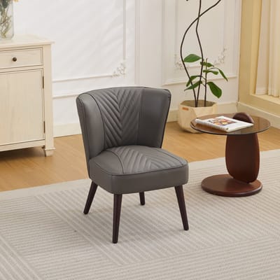 OKWISH Loungestoel Zonder Armleuningen - Diagonale Stiksels En Ademend Rundleer - Voor Woonkamer Eetkamer Kantoor - Hout En Leer - Grijs