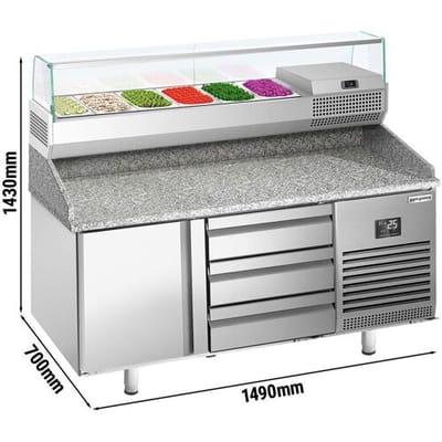 GGM Gastro Pizzakühltisch Premium PLUS - 1490x700mm - mit 1 Tür & 3 Schubladen - inkl. Kühlaufsatzvitrine - 6x GN 1/4
