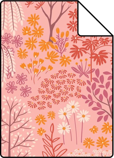 Proefstaal ESTAhome behang bomen en bloemen roze, paars en oranje - 26.5 x 21 cm - 131188-S