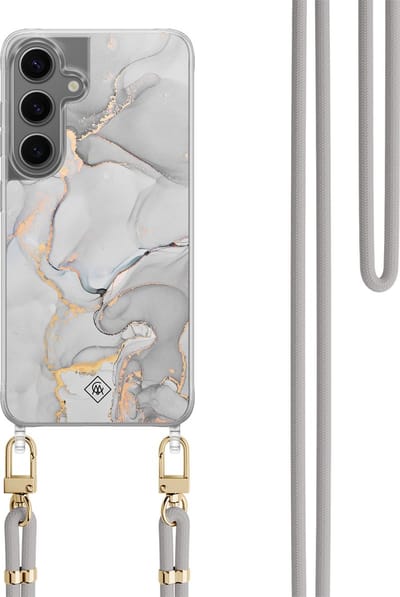 Casimoda® hoesje met koord - Geschikt voor Samsung S24 - Marmer Grijs - Afneembaar koord - TPU/polycarbonaat - Grijs